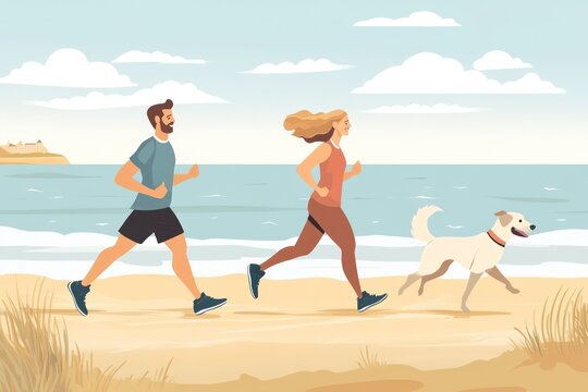 A man and woman jogging together with their dog, strengthening their bodies while connecting with nature and each other on a beach workout.
