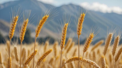 Fototapeta premium Wheat Fields Swaying in the Breeze with Majestic Mountains in the Background Under a Clear Blue Sky