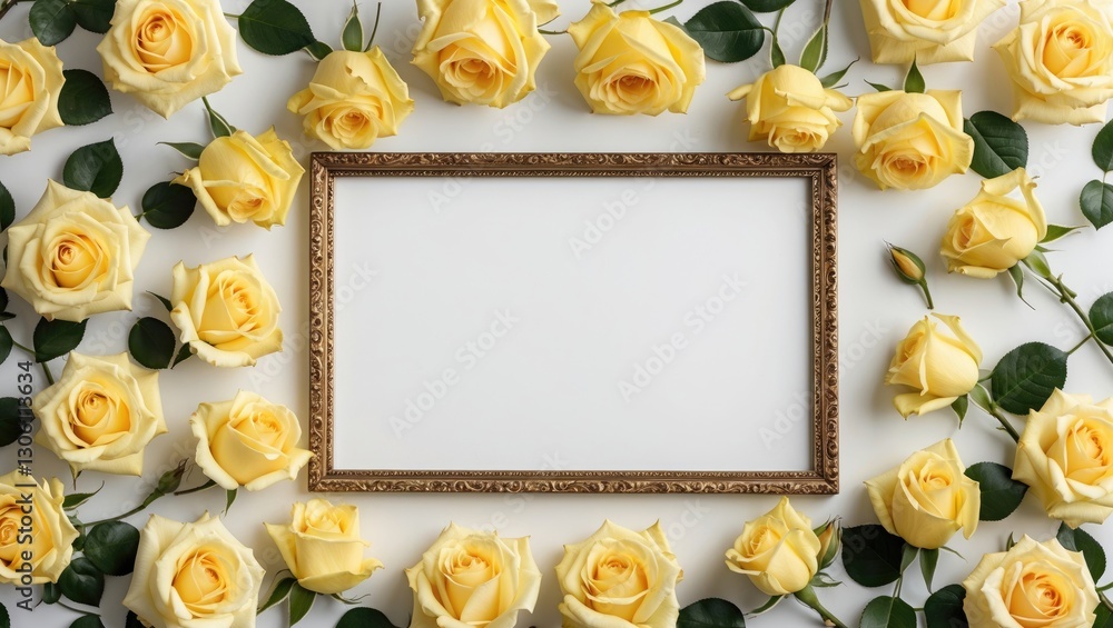 Poster yellow roses arranged in a decorative frame wreath on a white background creating an elegant and rom