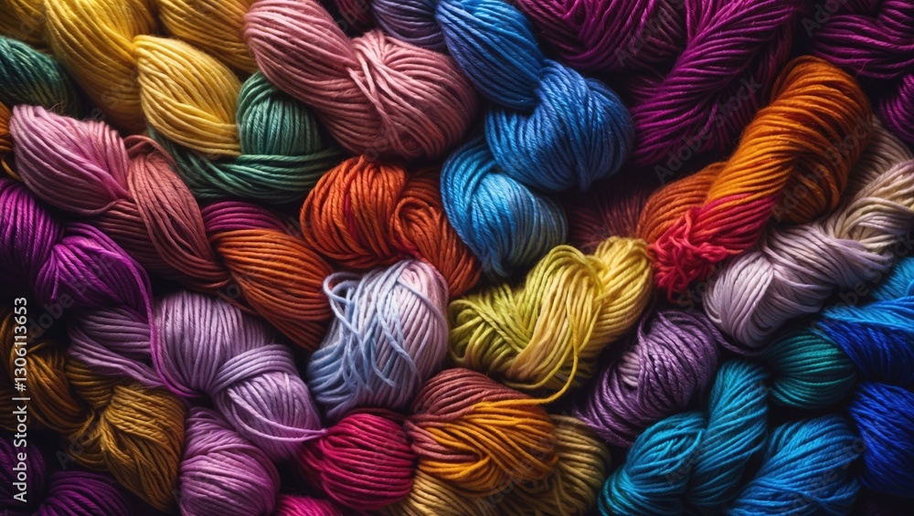 Poster vibrant multicolored yarns stacked together creating a beautiful textured background for crafting an
