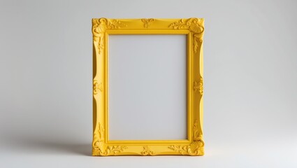 Vintage yellow photo frame with ornate details isolated on a minimalist white background perfect for displaying artwork or cherished memories.