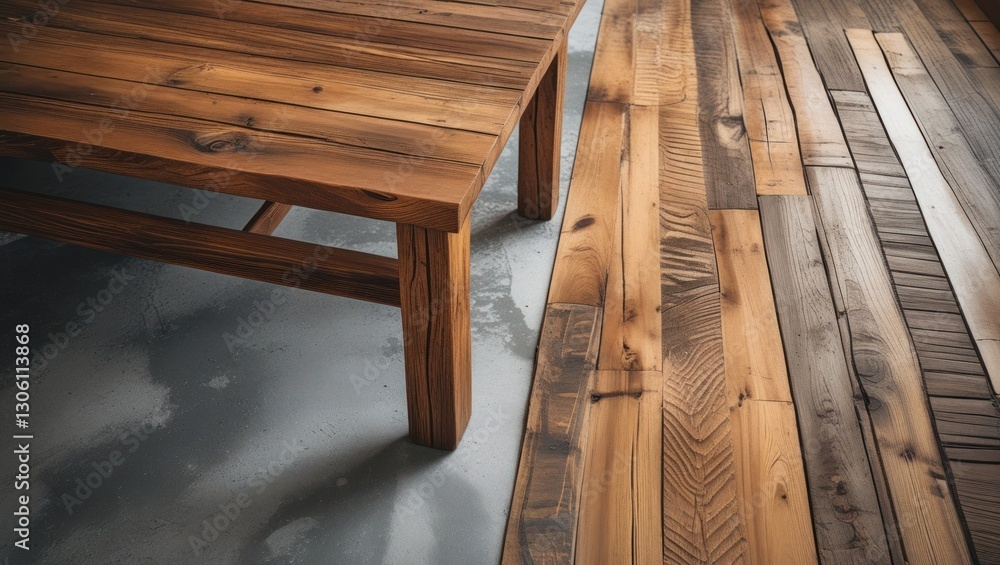 Poster wooden table on cement floor with distinctive wood textures and ample copy space for design elements