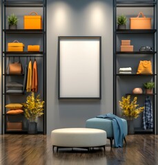 Modern Minimalist Interior with Shelves, Blank Frame, and Cozy Ottoman in Stylish Room