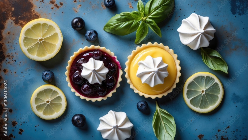 Poster lemon curd and blueberry jam tarts styled with meringue and basil leaves on a blue rustic background