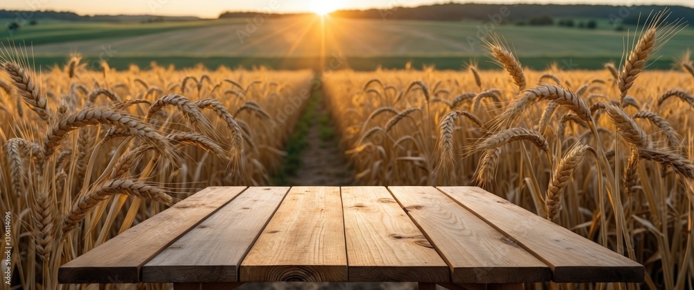 Poster wooden table against wheat field at sunset ideal for product display with empty space for text and v