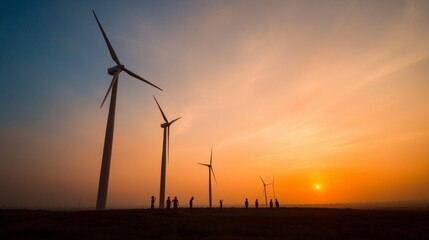 Obraz premium Sunset Silhouette Children Playing Near Wind Turbines Renewable Energy Green Energy
