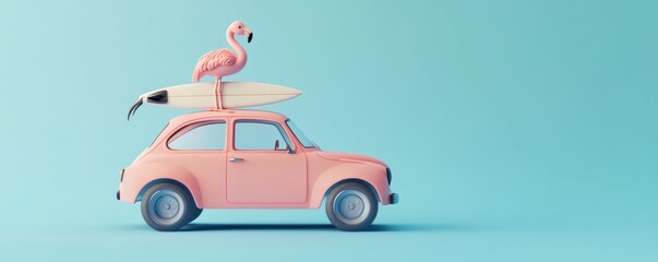 3D render of a cute car with a surfboard and flamingo on top, against a blue background, in a minimalistic style with pastel colors.