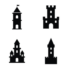 Castle tower icon silhouette in flat style Medieval citadel vector illustration on isolated background Stronghold building bundle vector illustration.
