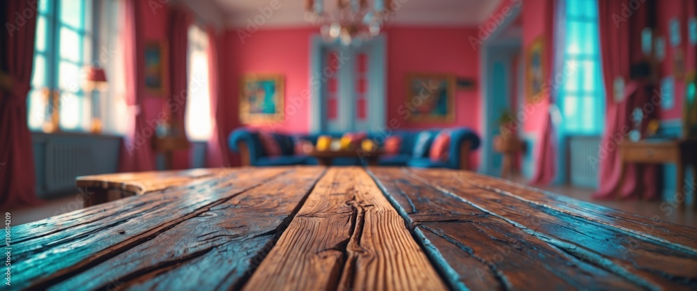 Aufkleber rustic wooden tabletop with blurred modern living room background and empty space for text or design
