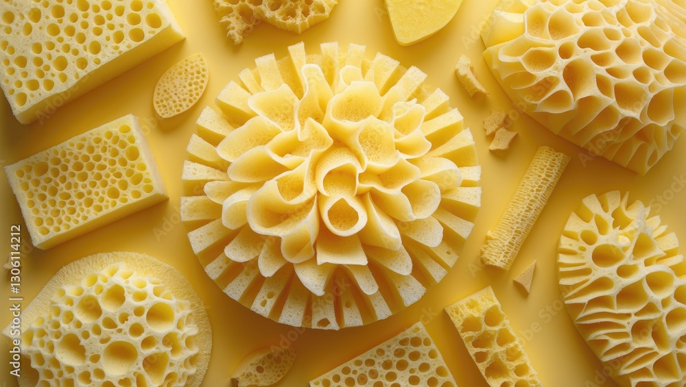 Poster textured yellow sponge variety on vibrant background showcasing intricate shapes and patterns for cr