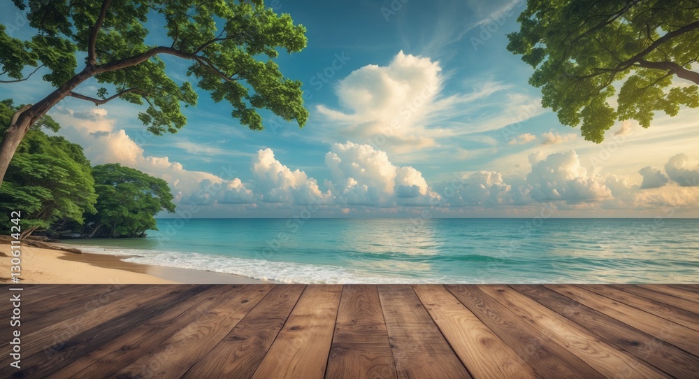 Aufkleber serene beach view with wooden table and clear sky over green trees ideal for summer relaxation backg