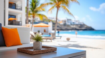 Obraz premium Relaxing beach scene with vibrant colors featuring palm trees and ocean waves under a sunny sky