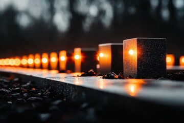 A row of tombstones in a military cemetery, each marked with a small flag, commemorating fallen soldiers
