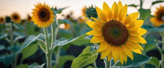 Obraz premium Vibrant Sunflower Blossoms in a Lush Field During Sunset Capturing Nature's Beauty and Floral Elegance