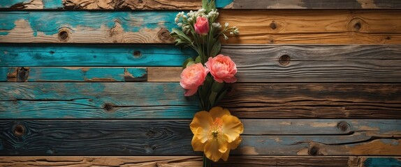 Fototapeta premium Floral arrangement on colorful wooden planks creating a vibrant and rustic background for decorative design or creative projects.