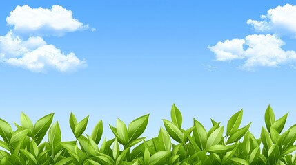 Obraz premium Lush Green Leaves Against a Bright Blue Sky with Fluffy White Clouds