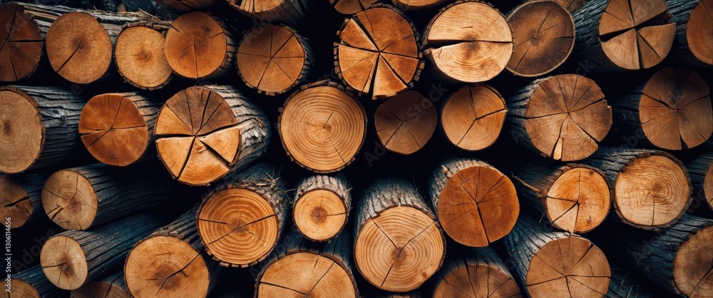 Poster stacked wooden logs in a woodpile showcasing natural textures and patterns, close-up view highlighti