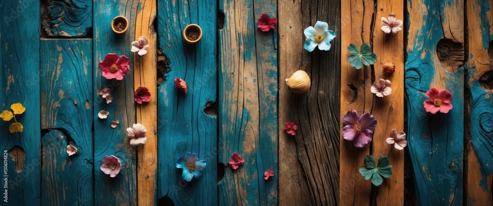Aufkleber vibrant wooden backdrop with colorful flowers and natural wood patterns creating a rustic and artist