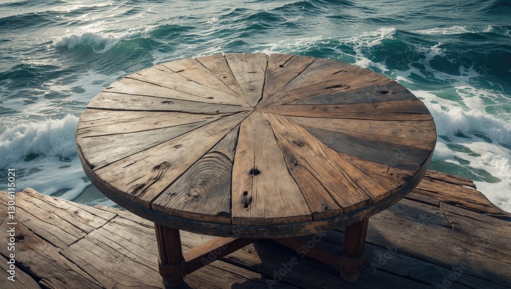 Aufkleber weathered wooden table top by the sea with waves gently crashing in the background creating a serene