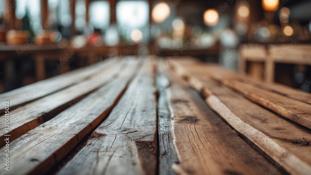 Poster rustic wooden table top with blurred cafe background, ideal for showcasing products or creating a wa