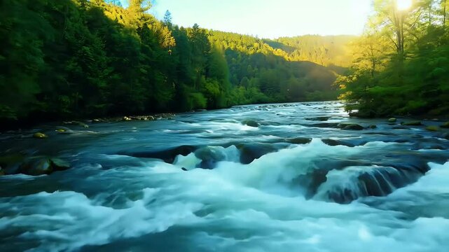 Serene River Flowing Lush Green Landscape Highlighting Beauty Rapidly Moving Stream Summer Nature Scene