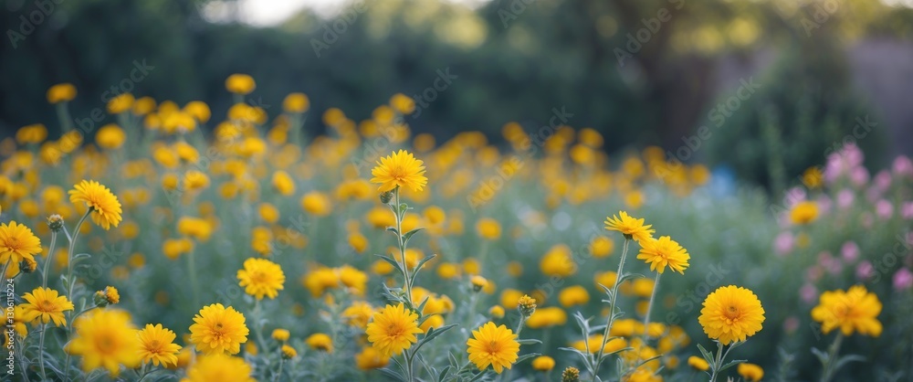 Poster vibrant yellow flowers in a garden setting with soft focus and ample space for text overlay