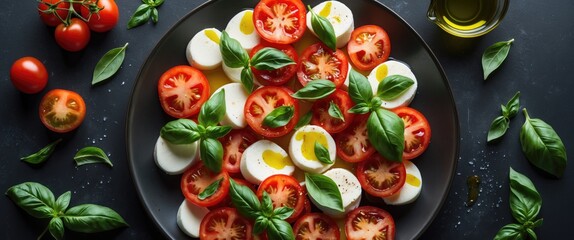 Caprese Salad with Fresh Tomatoes, Mozzarella, and Basil Drizzled with Olive Oil on Dark Background with Space for Text or Labels