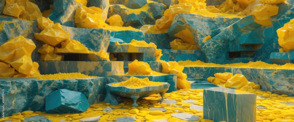 Poster vibrant yellow marble stone texture with intricate blue patterns creating a unique natural backgroun