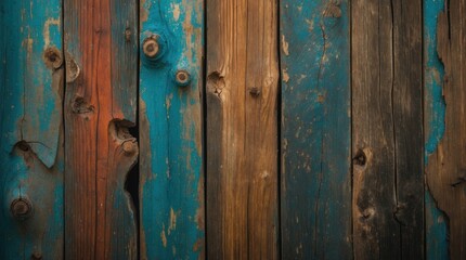 Fototapeta premium Colorful weathered wooden planks in vintage style creating an artistic background for rustic or creative design projects.