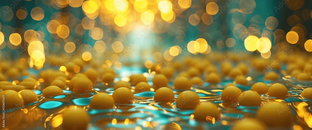Poster golden bokeh background with floating yellow spheres for dynamic and vibrant textures in artistic de