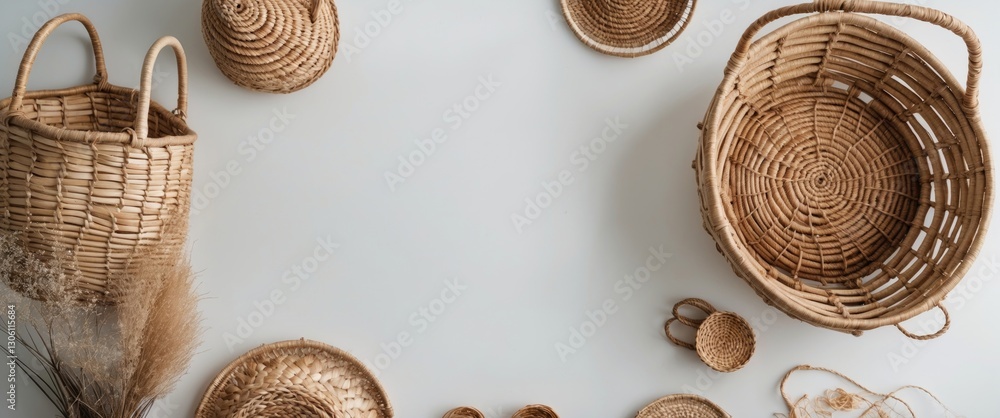 Poster natural woven baskets arranged on white background with space for text and design elements