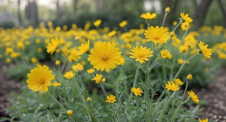 Obraz premium Yellow Wildflowers Blooming in a Lush Garden with Abundant Green Foliage and Space for Text Overlay or Captions.