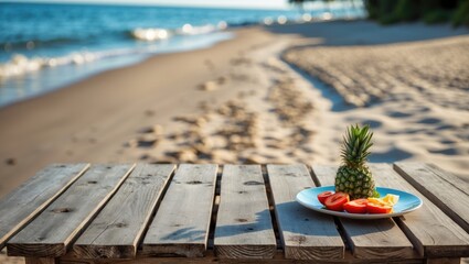 Obraz premium Beachside Wooden Table With Fresh Fruits Displayed Ready For Promotion And Advertising Featuring Scenic Ocean Background