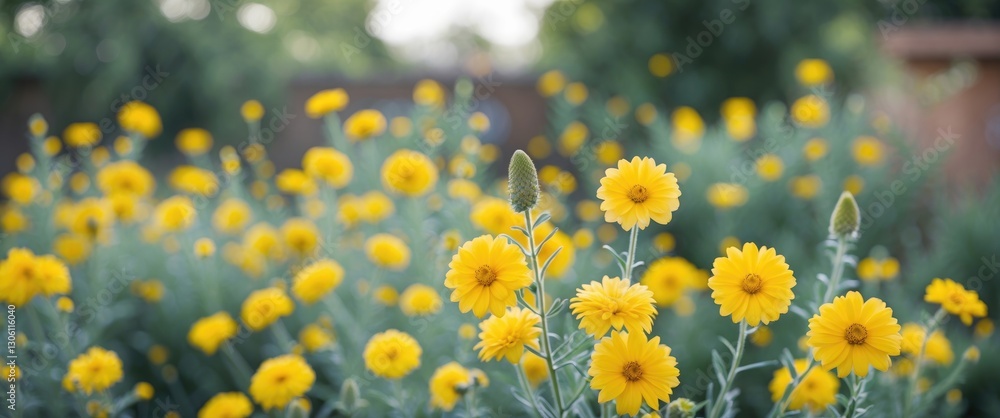 Poster vibrant yellow flowers in a blurred garden setting with space for custom text or messaging