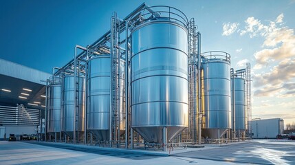 Fototapeta premium Modern Industrial Storage Facility: Stainless Steel Silos under a Bright Sky