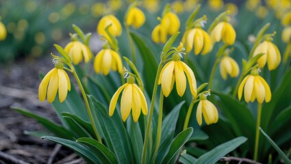 Yellow Slipperwort Flowers in Bloom with Lush Green Leaves and Space for Custom Text or Branding