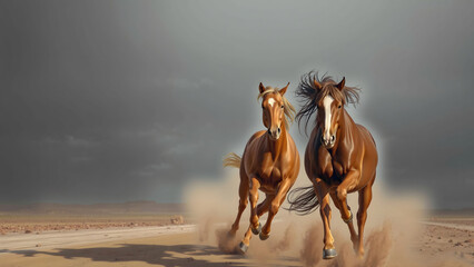 Running bay horse in a nice nature background