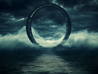 Obraz premium Futuristic Ring Portal Illustration in Dramatic Stormy Sky Background