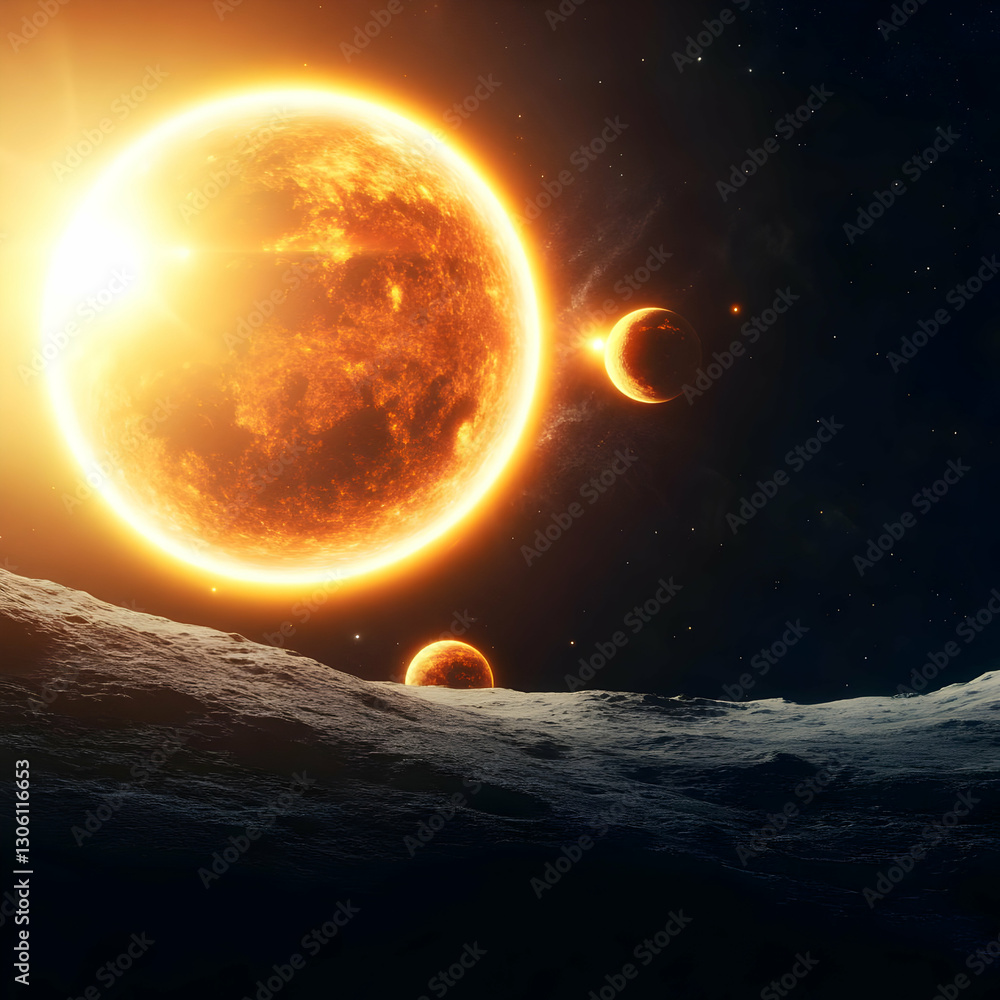 Poster glowing abstract 3d planet and asteroid in space with orange light