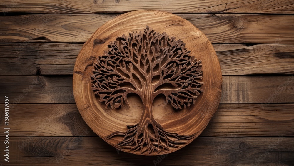 Poster intricate carved tree design on a circular wooden plaque with rich brown texture set against a rusti