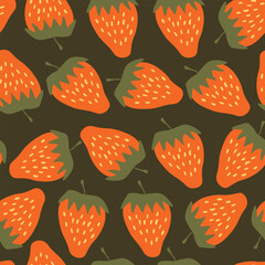 Seamless pattern with strawberry on color background. Natural delicious fresh ripe tasty fruit. Vector illustration for print, fabric, textile, banner, other design. Food concept.