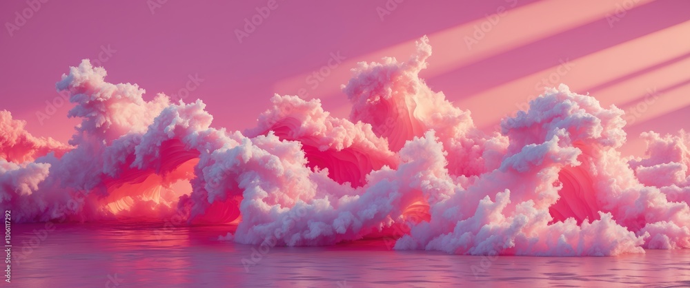 Poster vibrant pink zephyr clouds floating gracefully on a serene water surface with soft shadows creating 