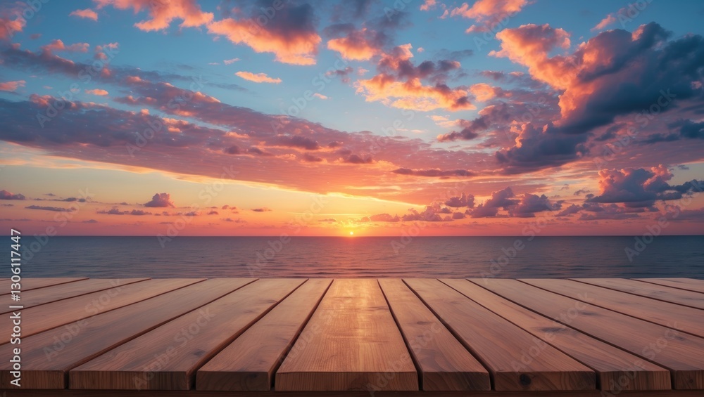 Poster twilight sky after sunset with colorful clouds over empty wooden desk creating space for text and im