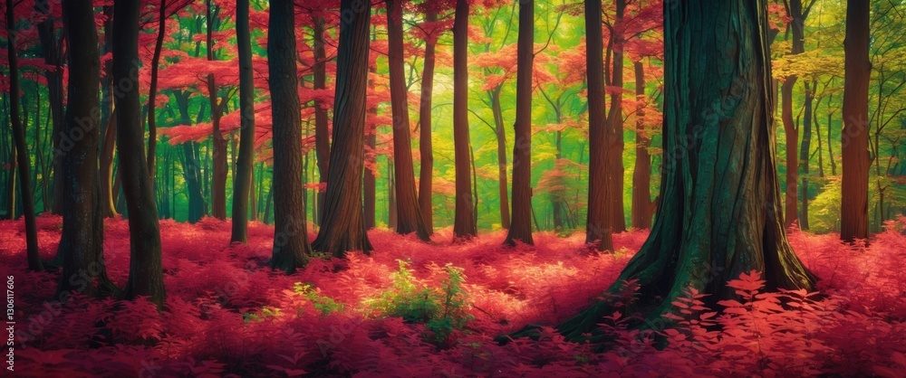 Poster vibrant autumn forest with colorful foliage and sunlight filtering through trees creating a serene n