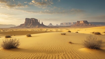 Vast golden desert landscape with rugged cliffs and soft sand dunes under a dramatic sky suitable for backgrounds and textures.