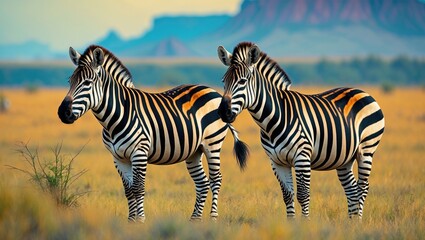 Fototapeta premium Zebras grazing peacefully in the vast African grassland with a stunning natural landscape in the background.