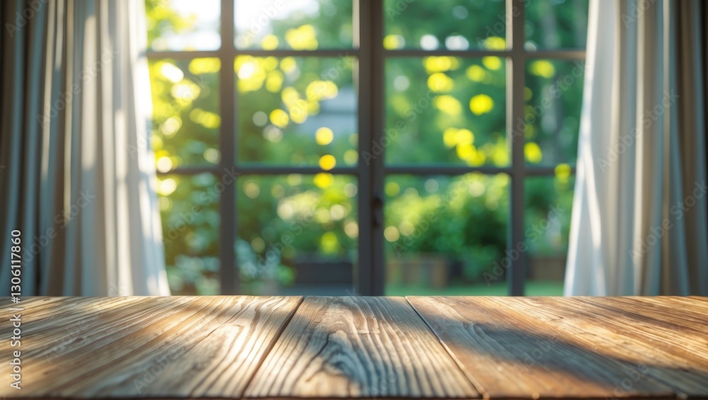 Poster empty wooden table with blurred curtain window and lush greenery background illuminated by sunlight 