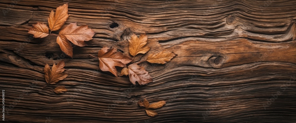 Poster wooden surface with natural patterns featuring dried leaves creating a warm and rustic atmosphere fo