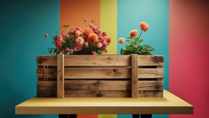 Wooden crate with vibrant flowers on a colorful background creating a lively space for branding or promotional text