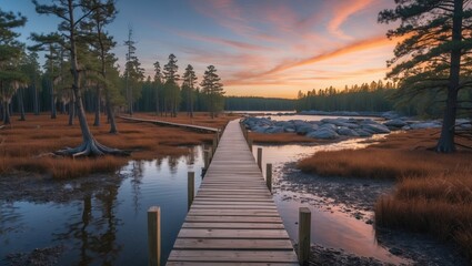 Naklejka premium Wooden Boardwalk Through Marsh Leading To Rocky Shore And Forest At Sunset Ideal For Hiking And Camping Promotional Material